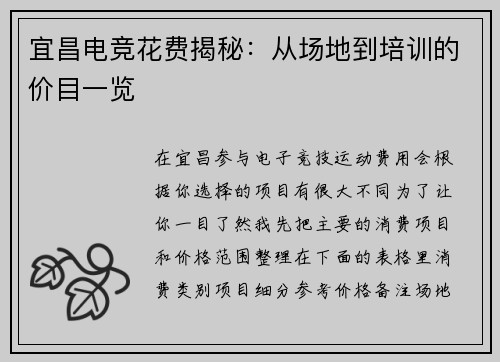 宜昌电竞花费揭秘：从场地到培训的价目一览